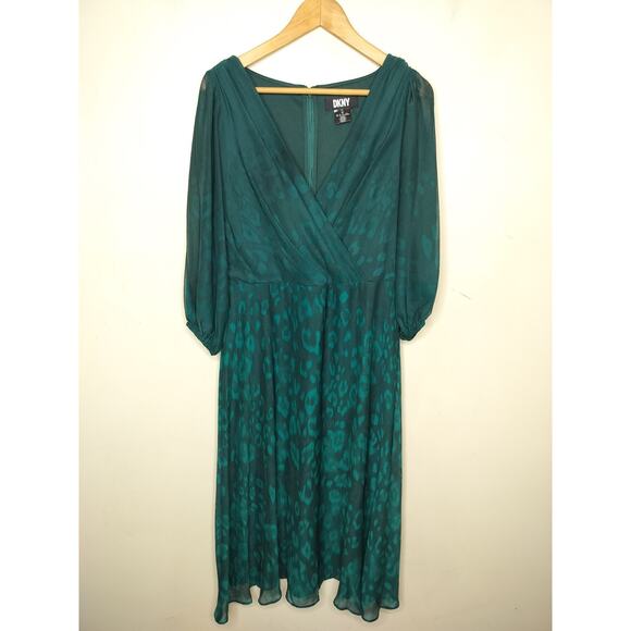 DKNY Faux Wrap Midi Dress Emerald Green Pattern Chiffon - Picture 2 of 10